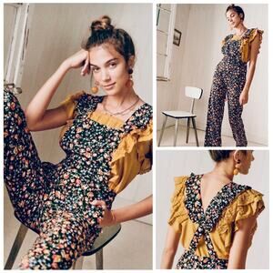 Sézane NWT Juliette Jumpsuit US 2 Black Floral Wide Leg Cottagecore French Girl